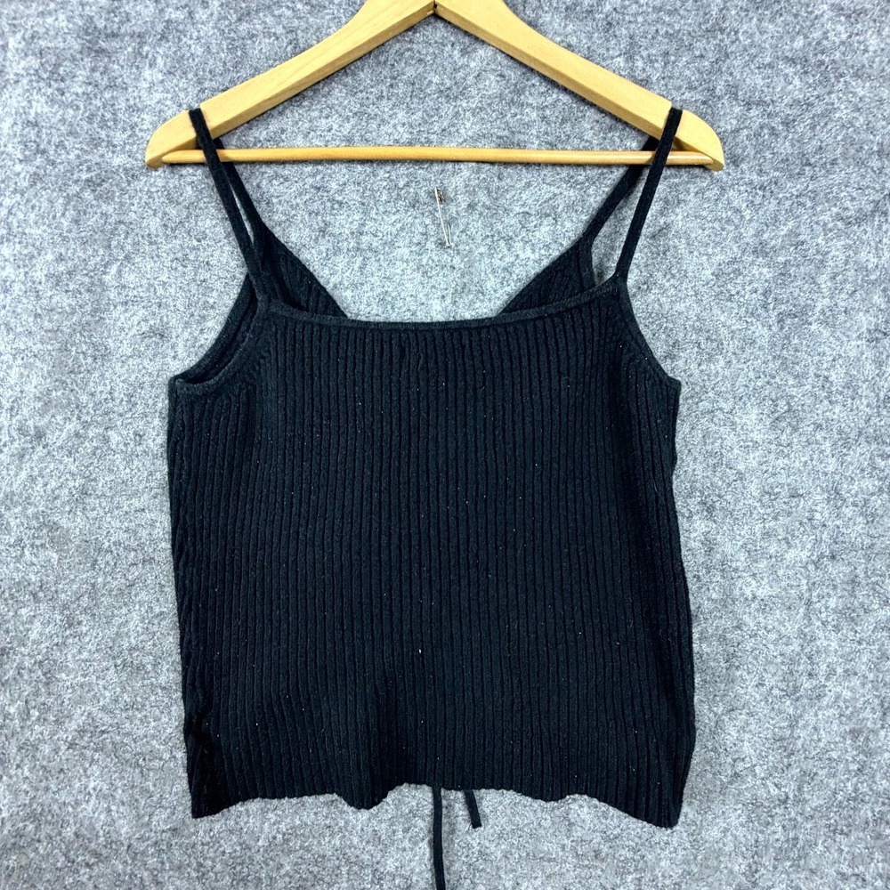 American Eagle Outfitters Cropped Knit Top Womens Large Black Ribbed Lace Up - Picture 2 of 6